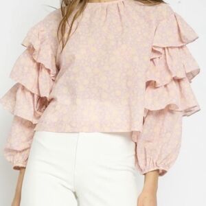 Olivaceous Pink Floral Ruffle Blouse